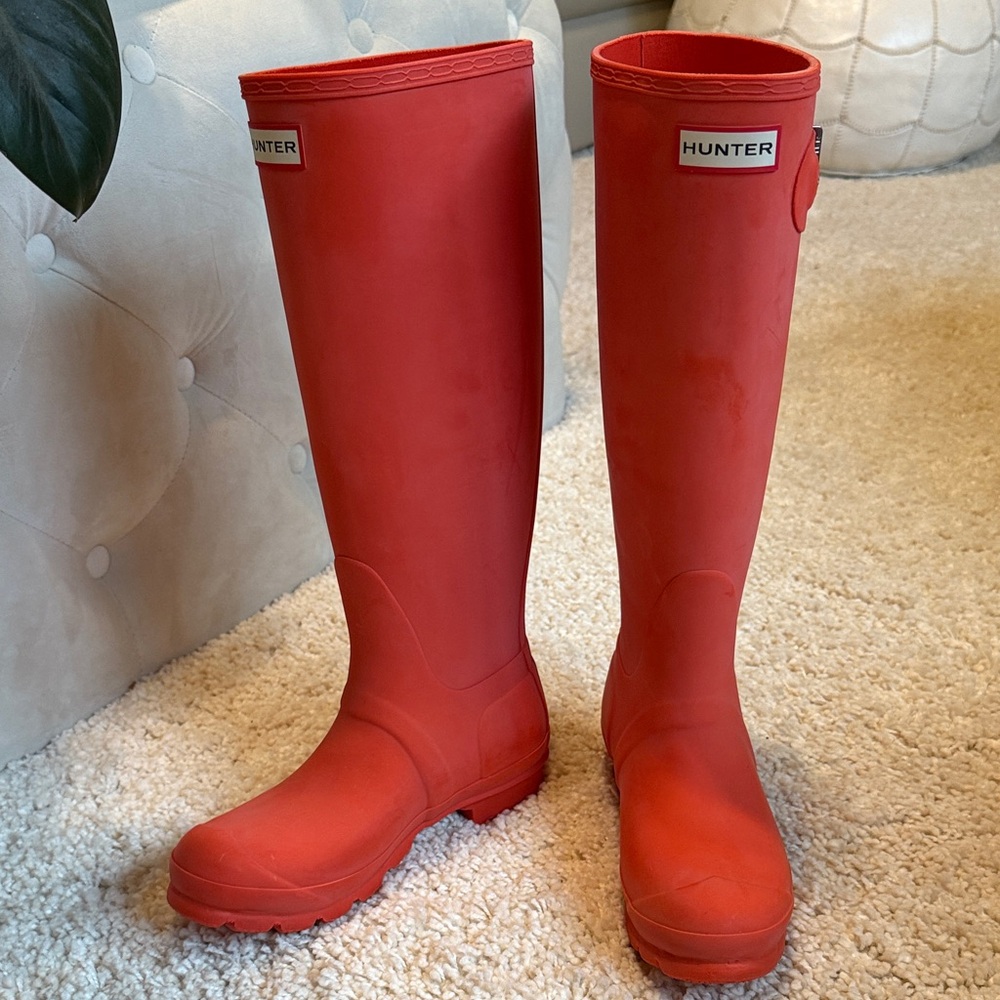New orange women’s hunter boots 6 knee high winter rain rubber buckle